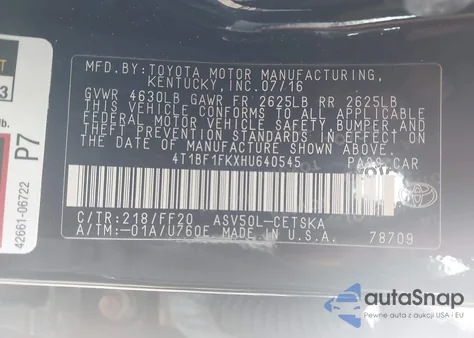 2017 Toyota Camry Se from USA, damaged, VIN 4T1BF1FKXHU640545